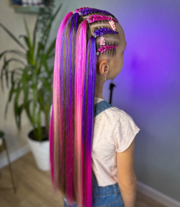 Child's braided style in pink and violet tones, seen from behind to show the finish.